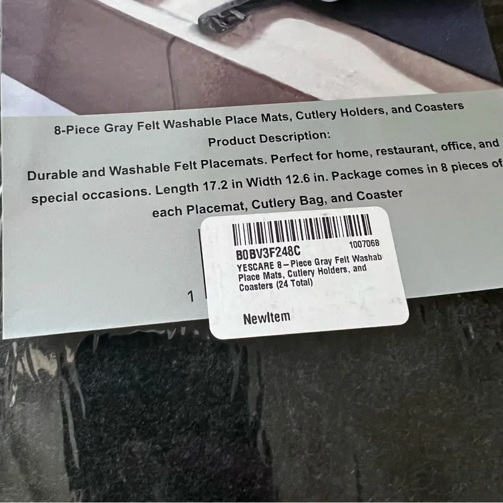 Set of 8 Gray Felt Washable Place Mats, Cutlery Holders, Coasters (24 Total) NWT